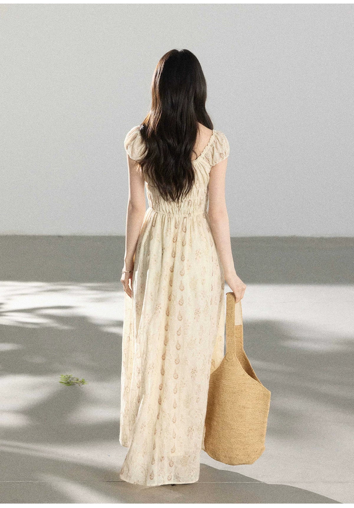 TYANG Retro Square Neck Drawstring Floral Dress