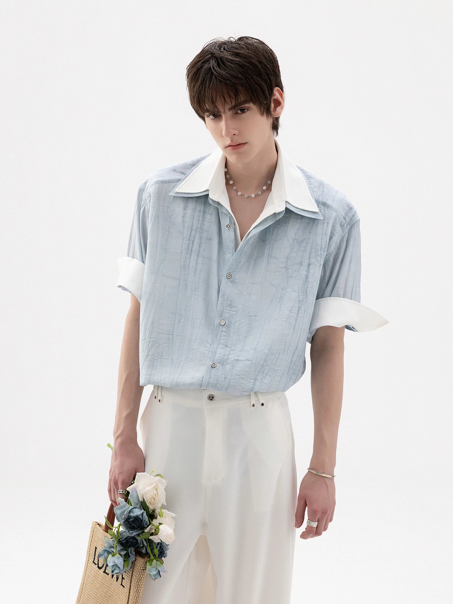 CHOR Fake Two-piece Ink Roll-sleeved Splicing Short-sleeved Shirt
