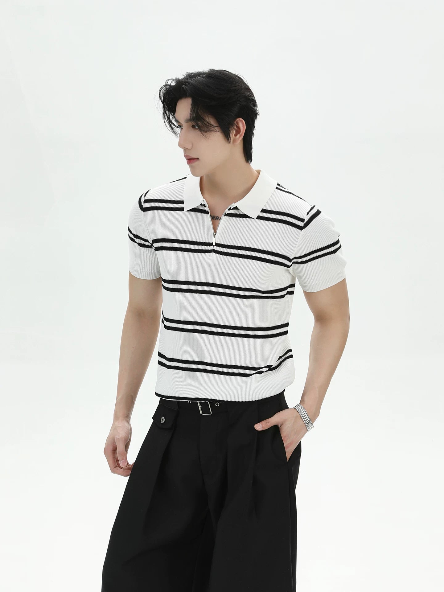 TURNTIDE Cool Anti-wrinkle Half Zipper Striped Knitted Tee