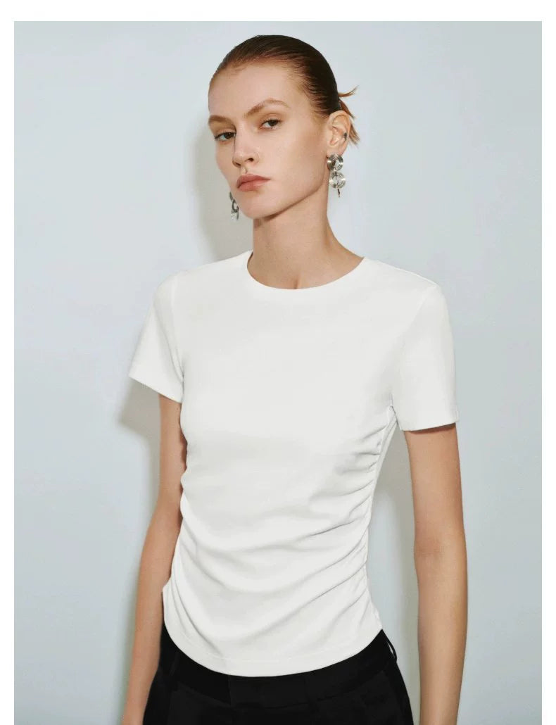 URBAN REVIVO Slim Fold Waist Round Neck Tee