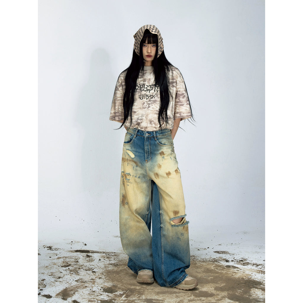 PEOPLESTYLE Yellow Mud-dyed Ripped Straight Jeans