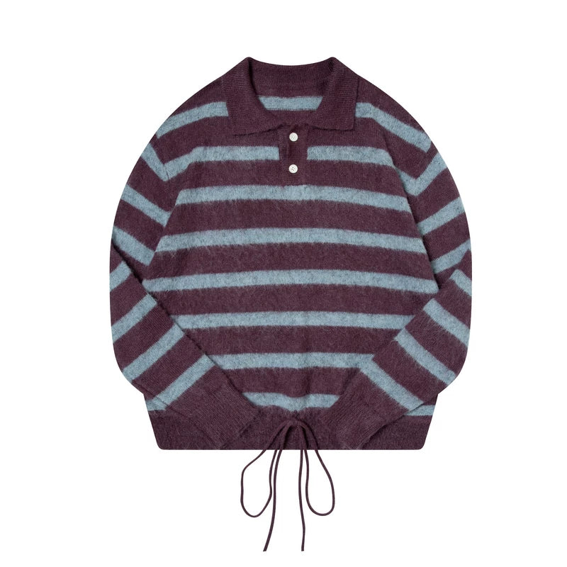 TGNS POLO Neck Drawstring Waist Striped Knitted Sweater