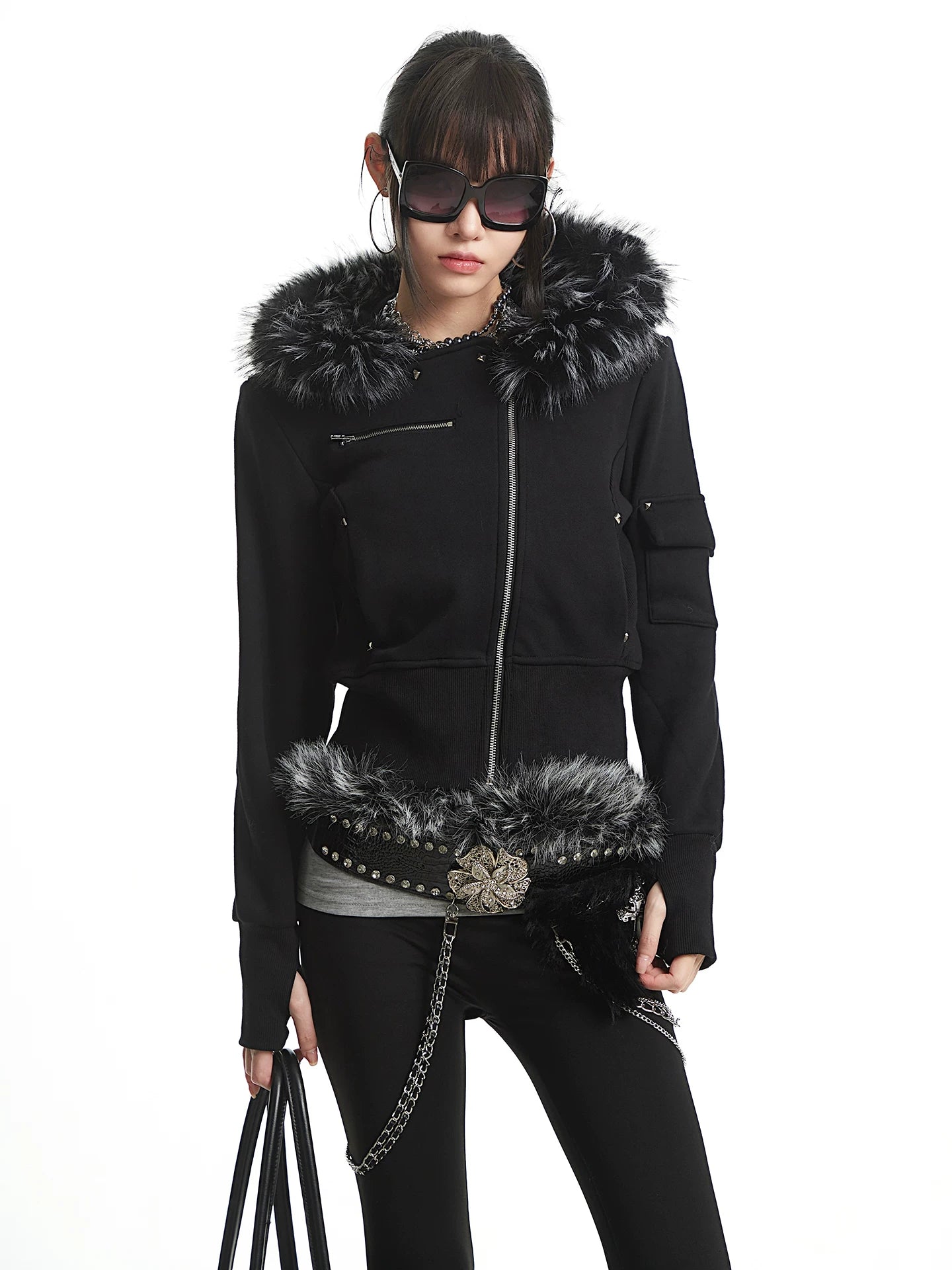 UNCMHISEX Fur Collar Hooded Fleece Slim-fitting Short Jacket