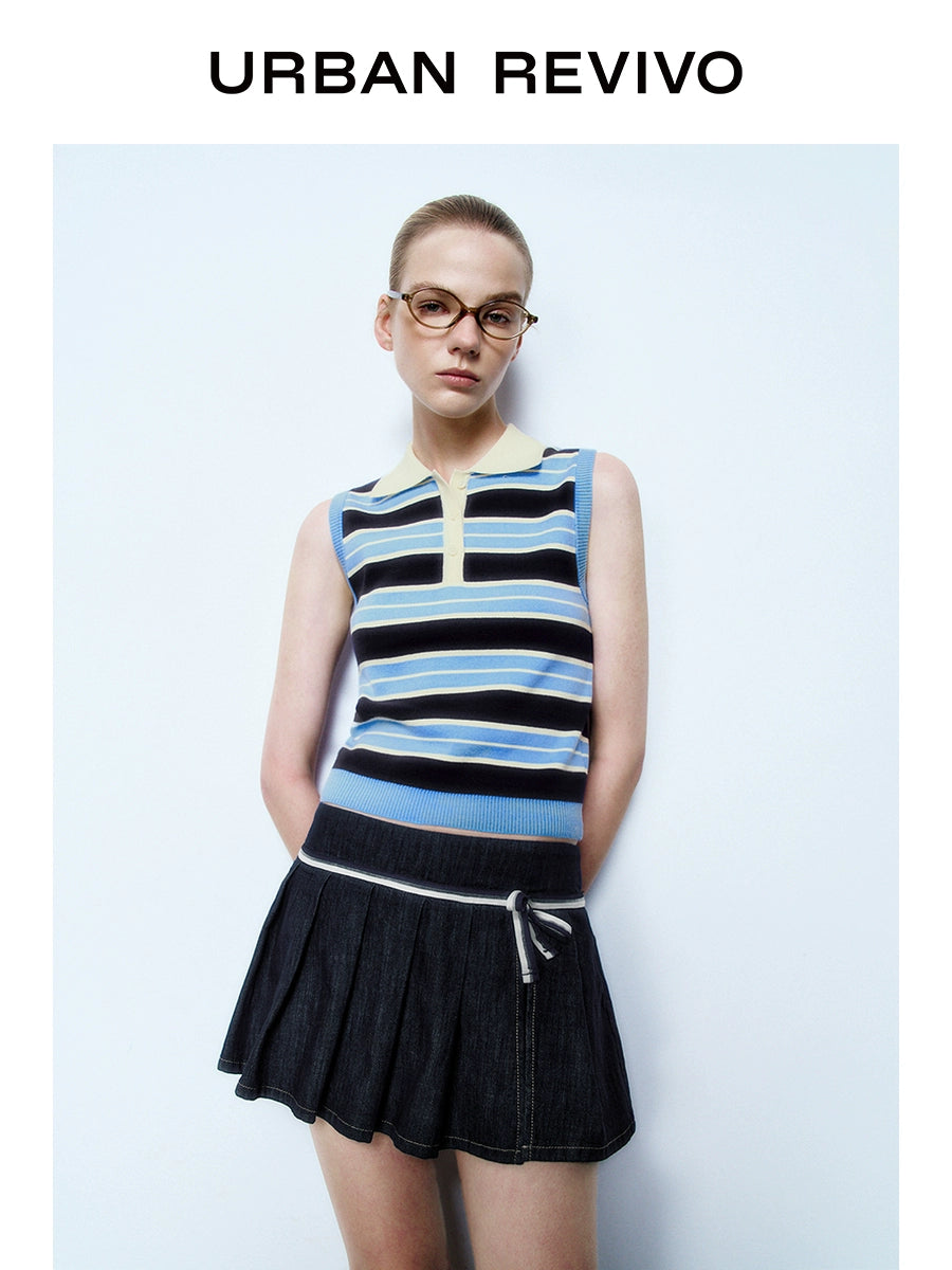 URBAN REVIVO College Contrast Striped Button Sleeveless Knitted Sweater