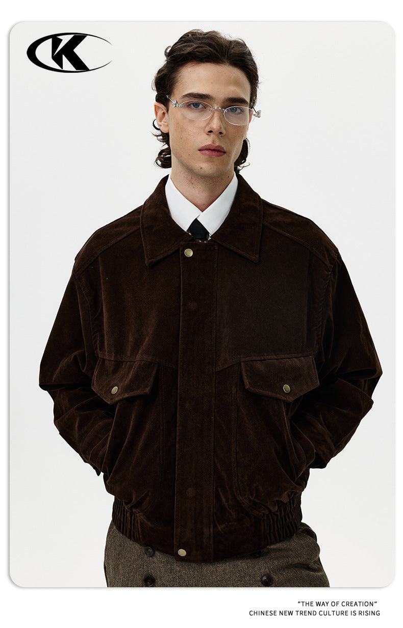 11KN Retro Loose Imitation Leather Fleece Lapel Jacket