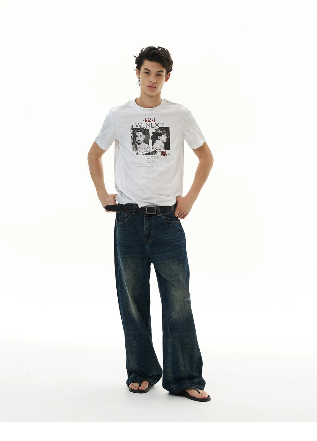 WLNEXT Retro Front Shoulder Doing Old Casual Tee