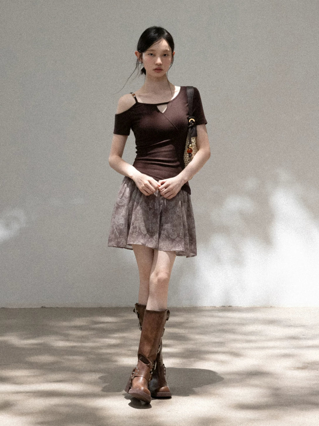 Cantonstory Slanted Shoulder Beaded Slim Tee Skirt Set