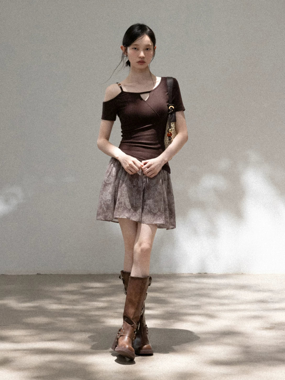 Cantonstory Slanted Shoulder Beaded Slim Tee Skirt Set