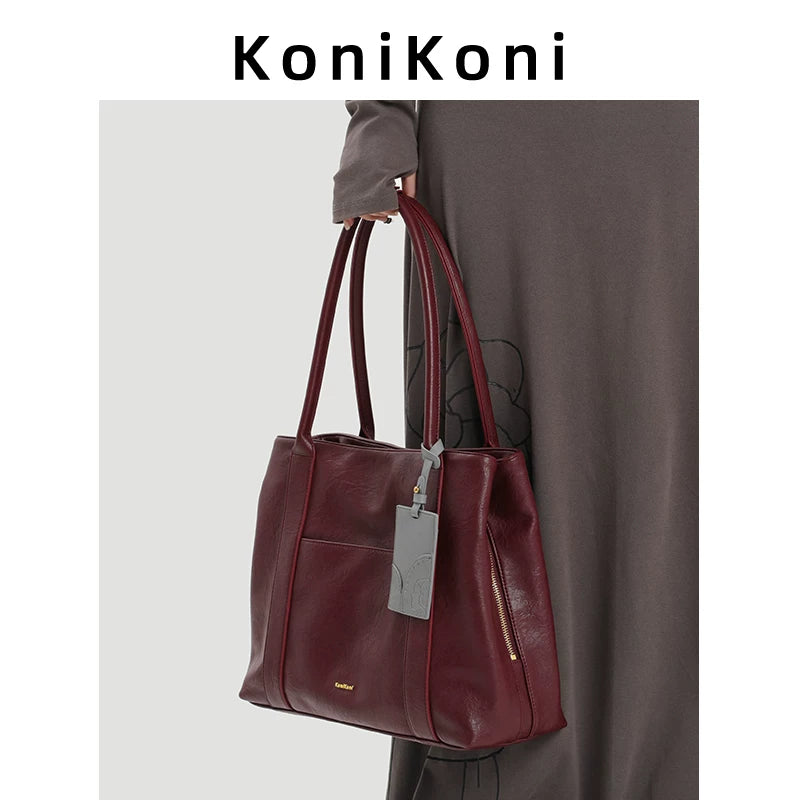 KoniKoni Leather Niche Large Capacity Shoulder Bag Underarm Bag
