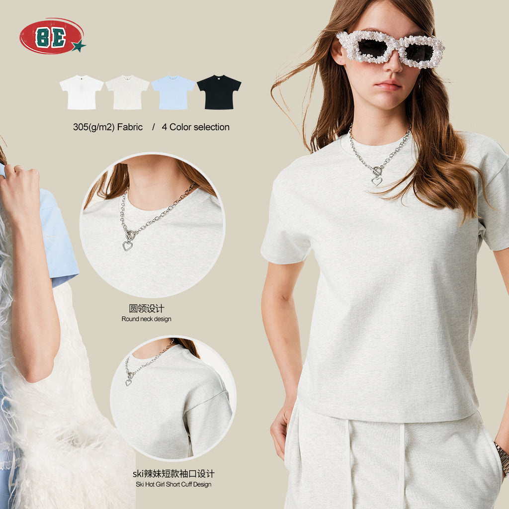 BE Women's Pure Cotton Solid Color 305G Casual Sports Slim Fit T-Shirt