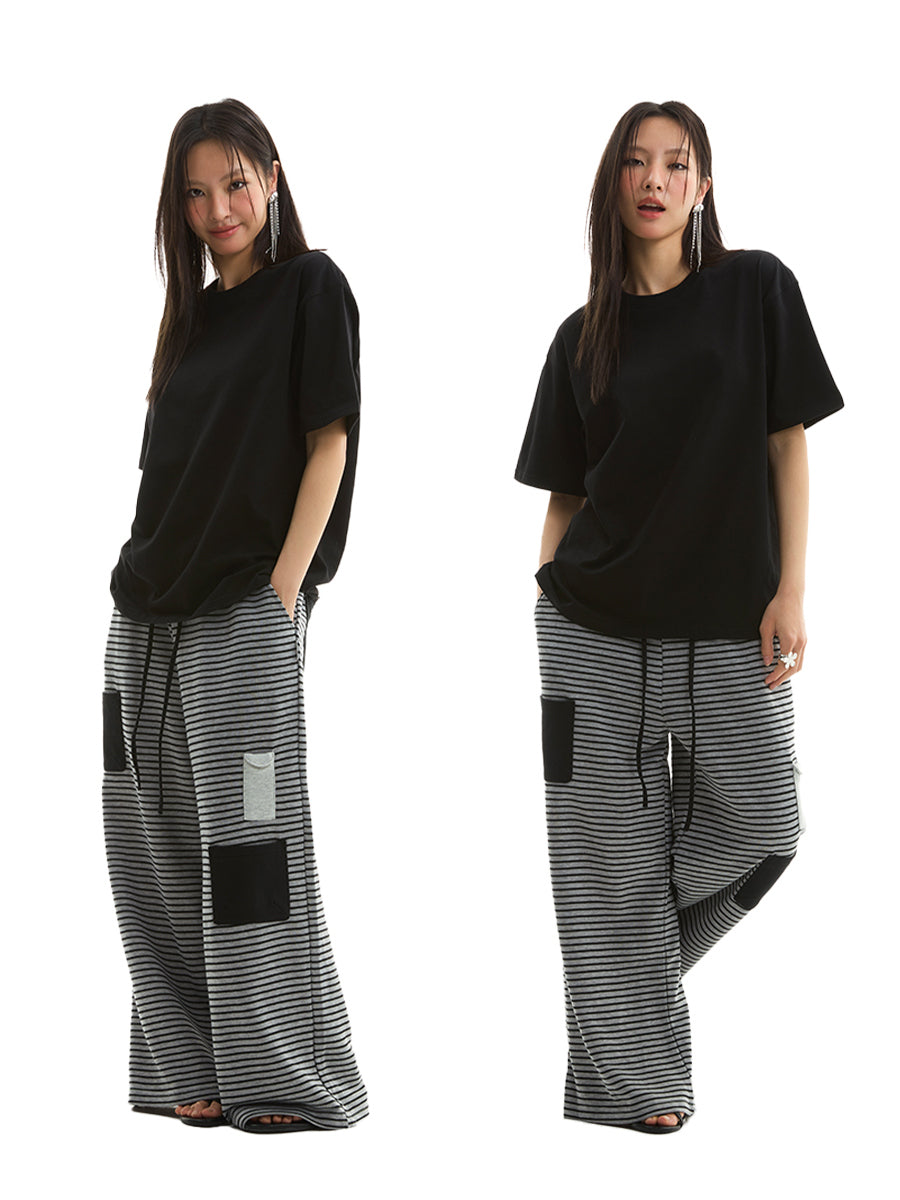 FUNKYFUN Striped Contrasting Color Loose Straight Sweatpants