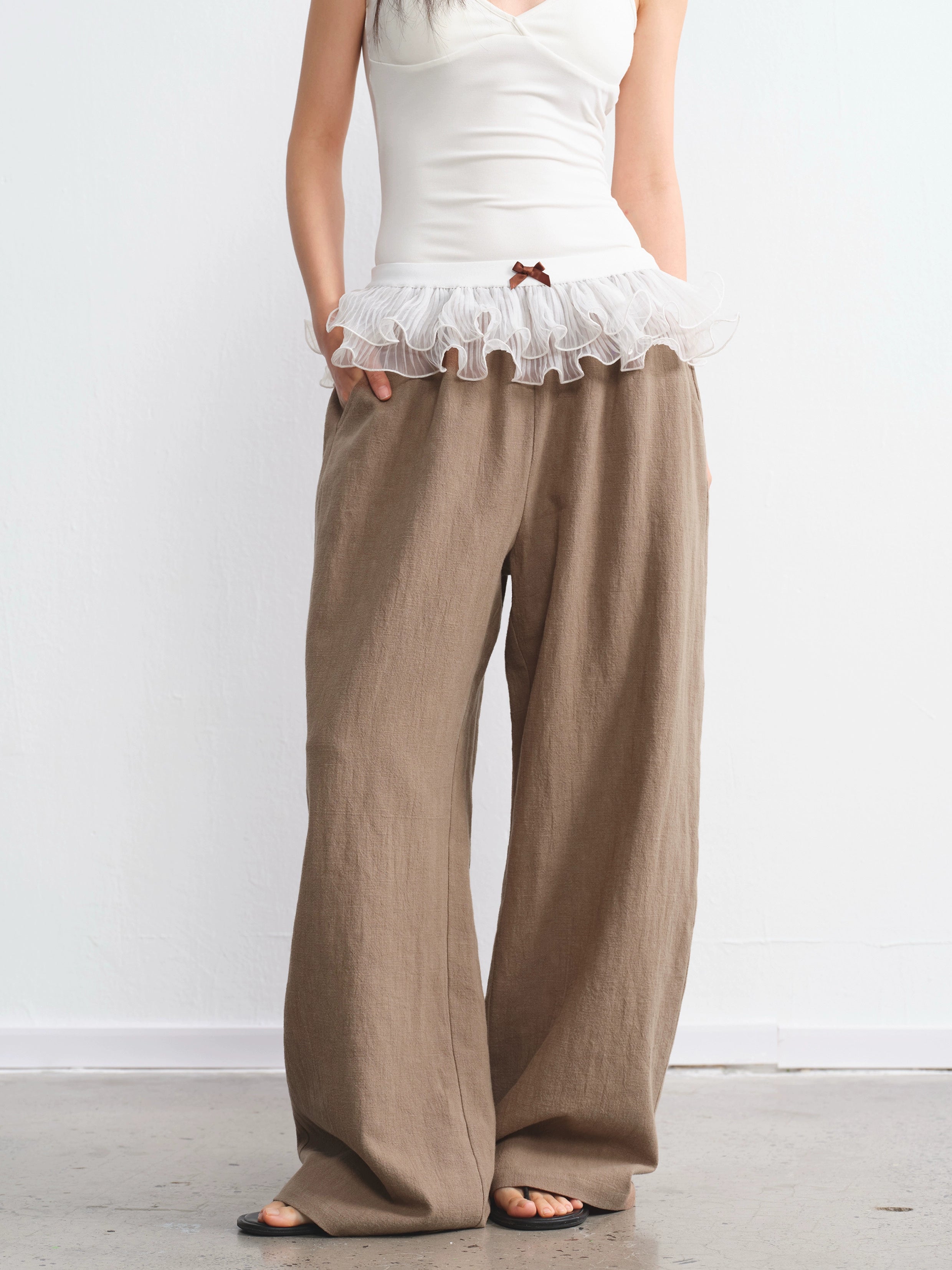 LINY LIBERTY Vintage Contrasting Color Ruffle Edge Loose Straight Casual Pants