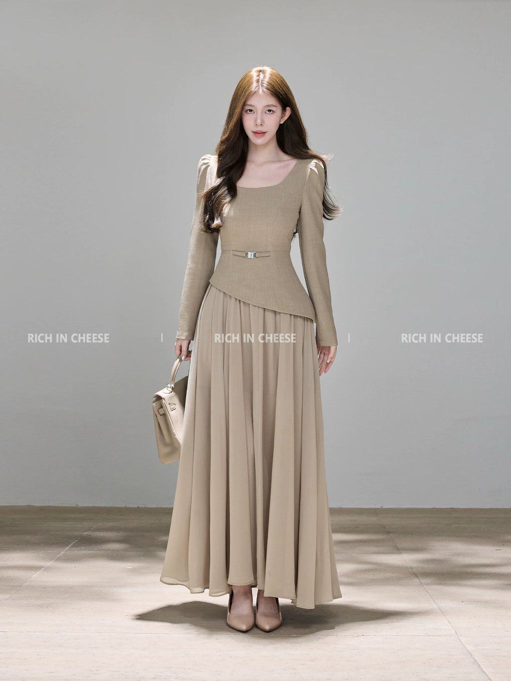 RICH IN CHEESE Mesh Stitching Waist Slim Dress