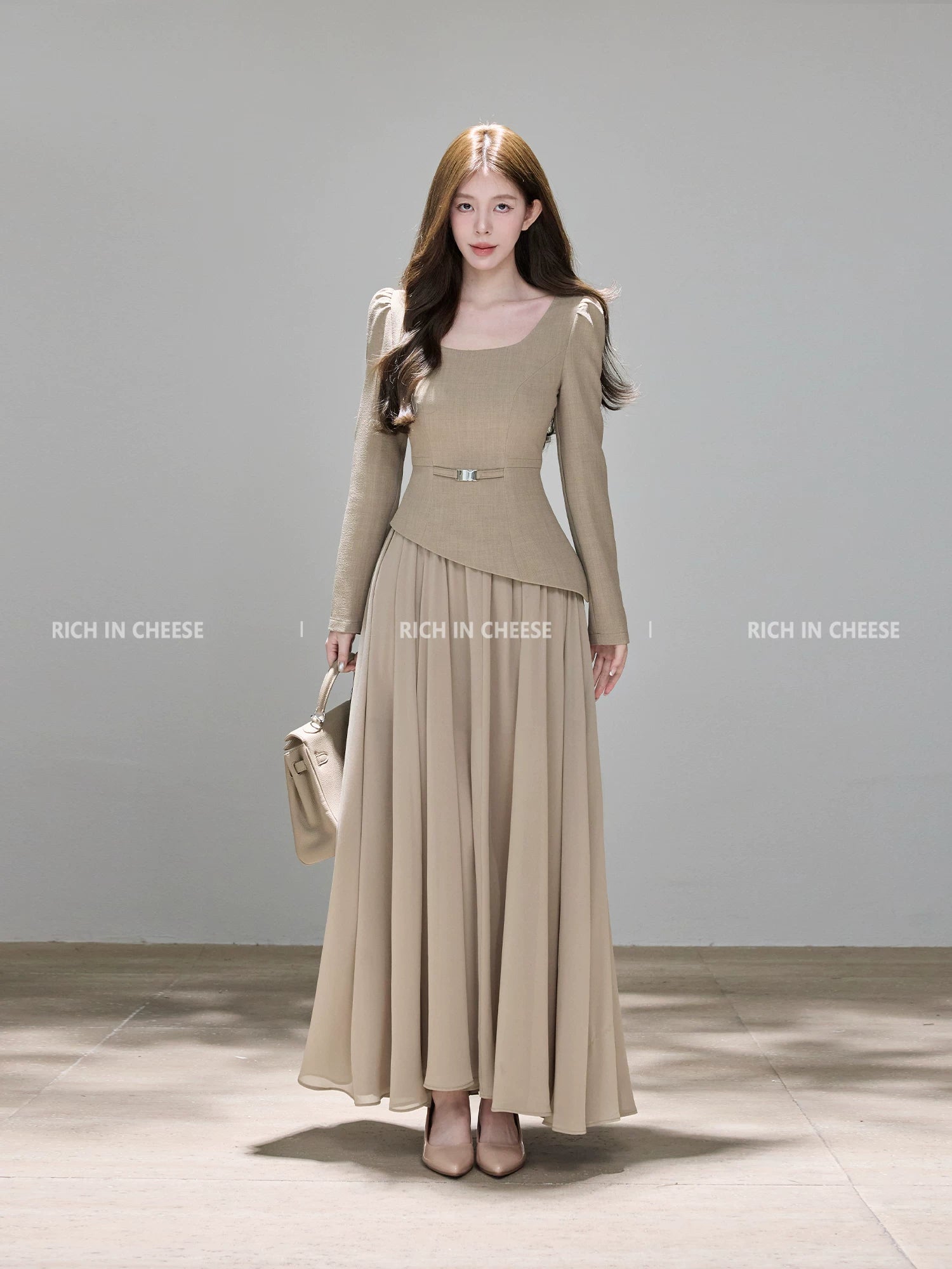 RICH IN CHEESE Mesh Stitching Waist Slim Dress