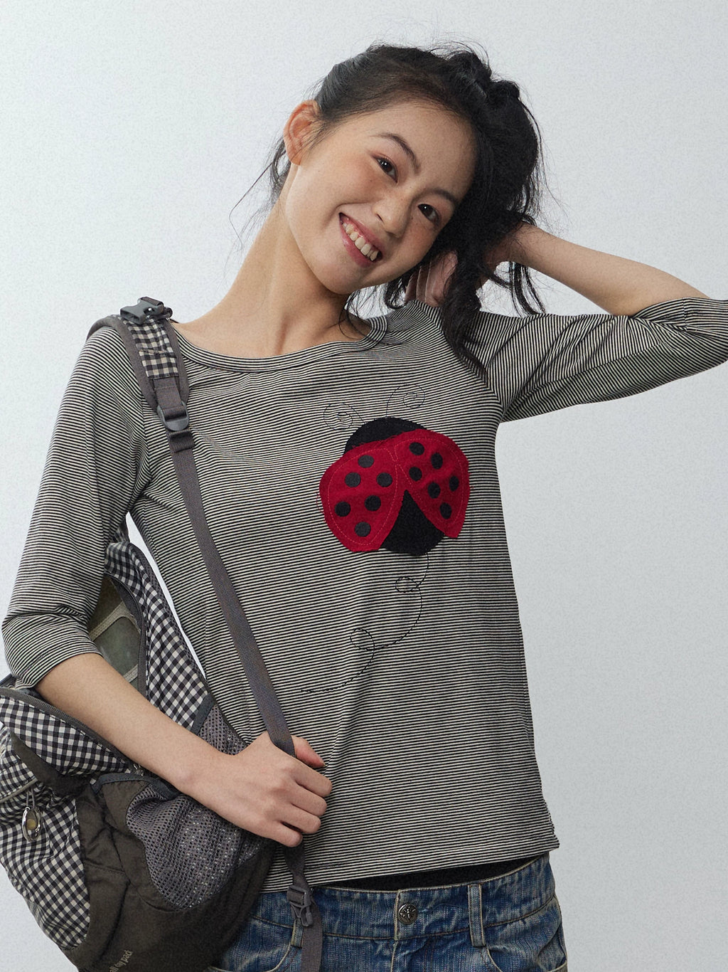 In Two Twos Ladybug Patch Embroidered Striped Tee