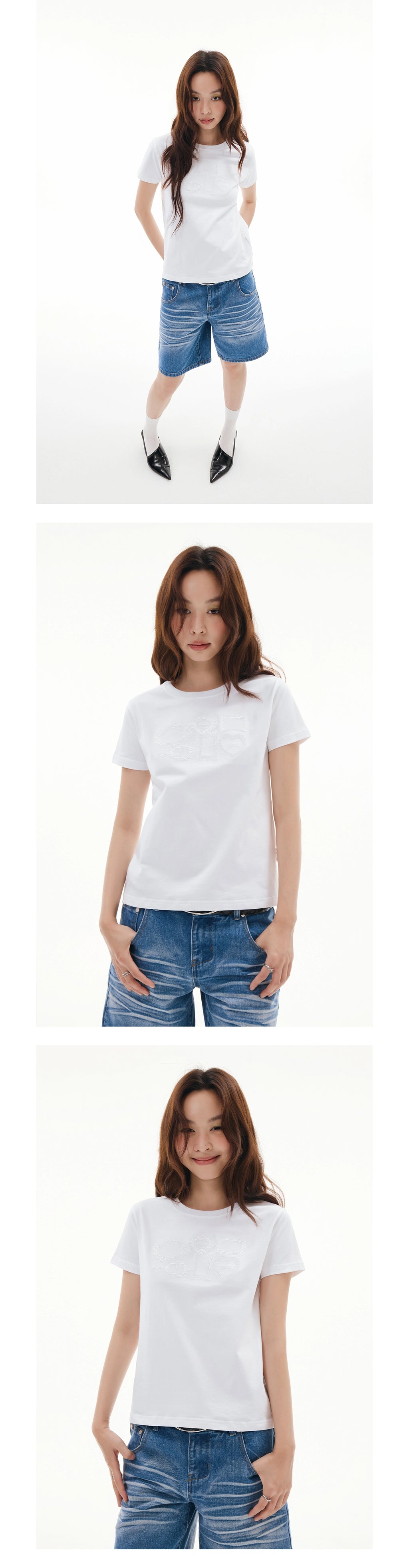 FUNKYFUN Picture Frame Same Color Three-dimensional Embroidery Loose Front Shoulder Tee