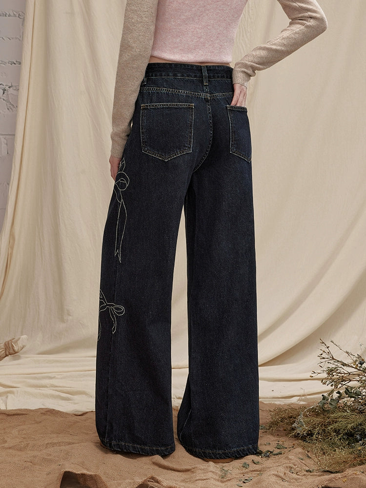 UNIFREE Cat Whisker Loose and Old Straight Jeans with Drill Splicing