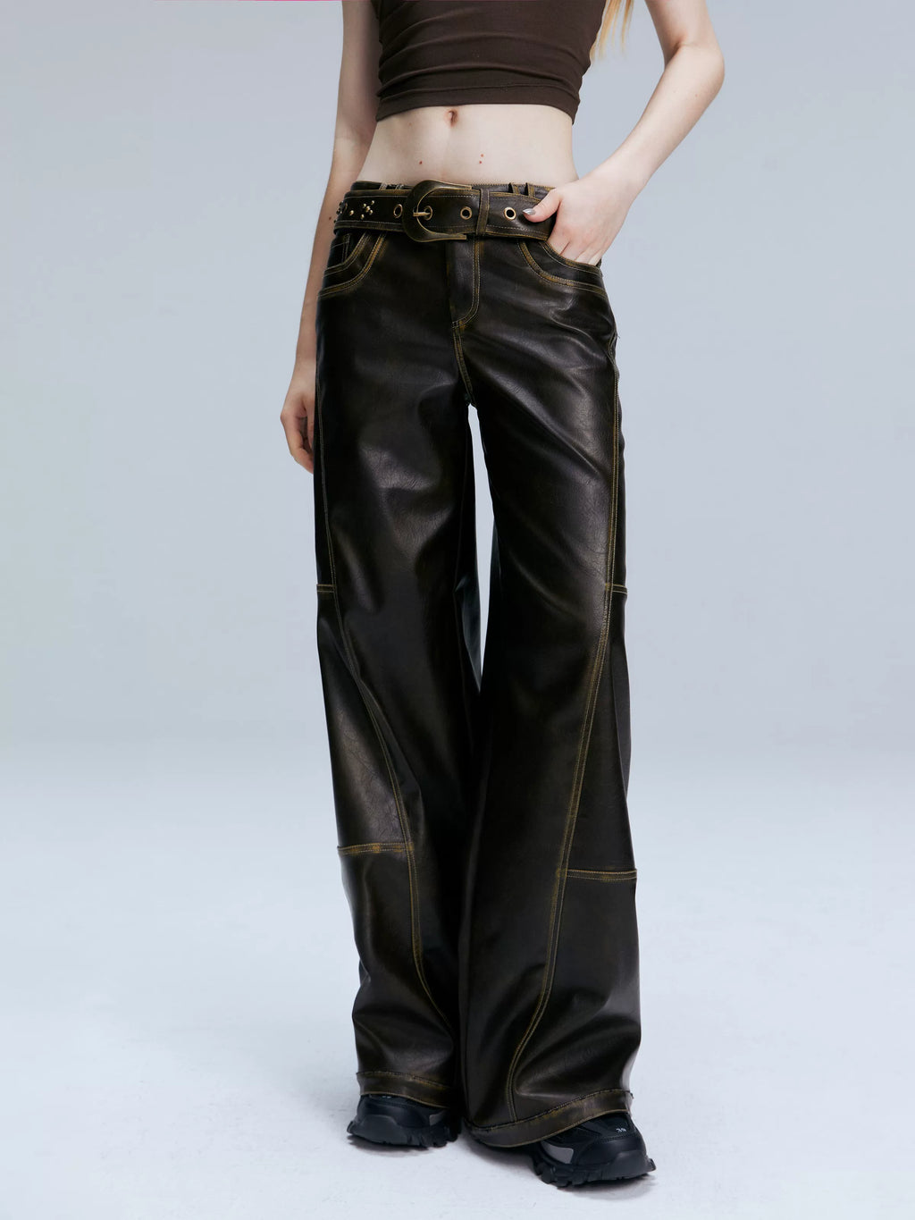 2th Desire Retro Loose Versatile Straight Leather Pants