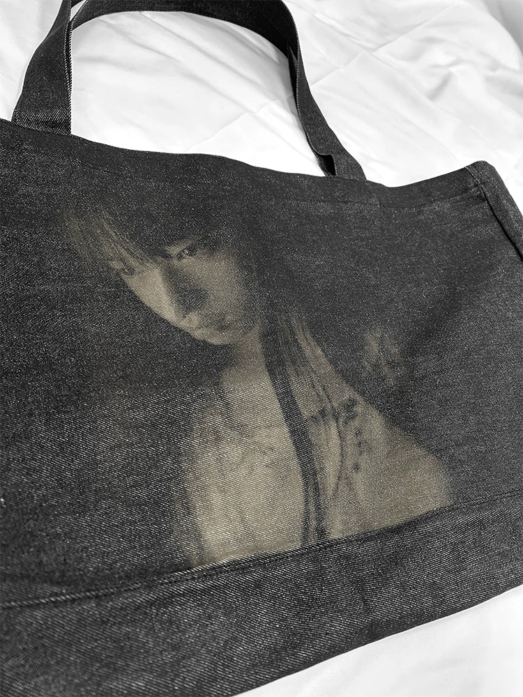 WANNA LAB Portrait Laser Burned Denim Tote Bag Large Capacity