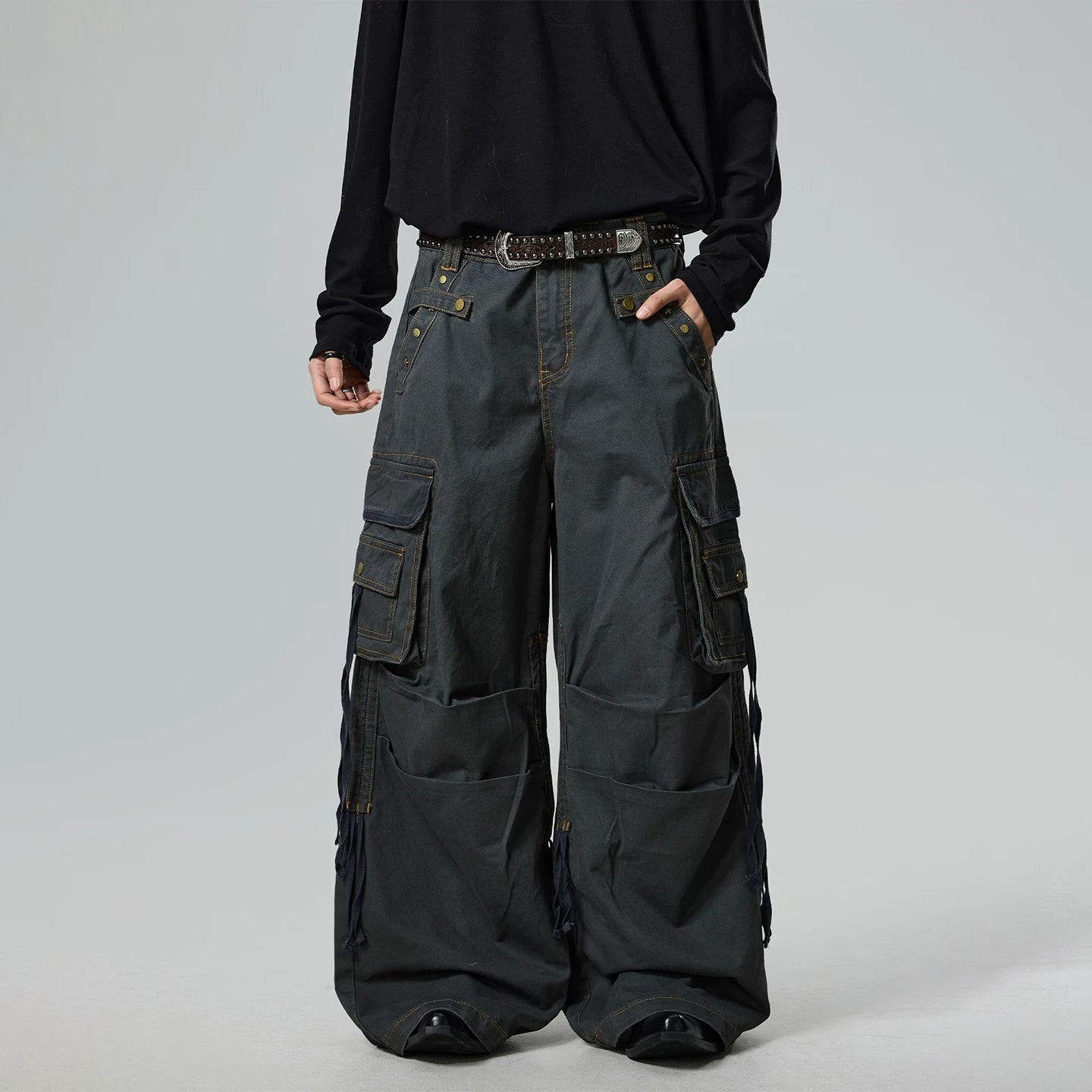 BTSG Blockbuster Wash Design Multi-Pocket Wide Leg Pants