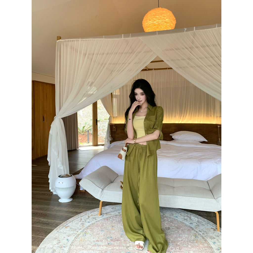Barb Chill Tencel Linen Wide Leg Pants Set
