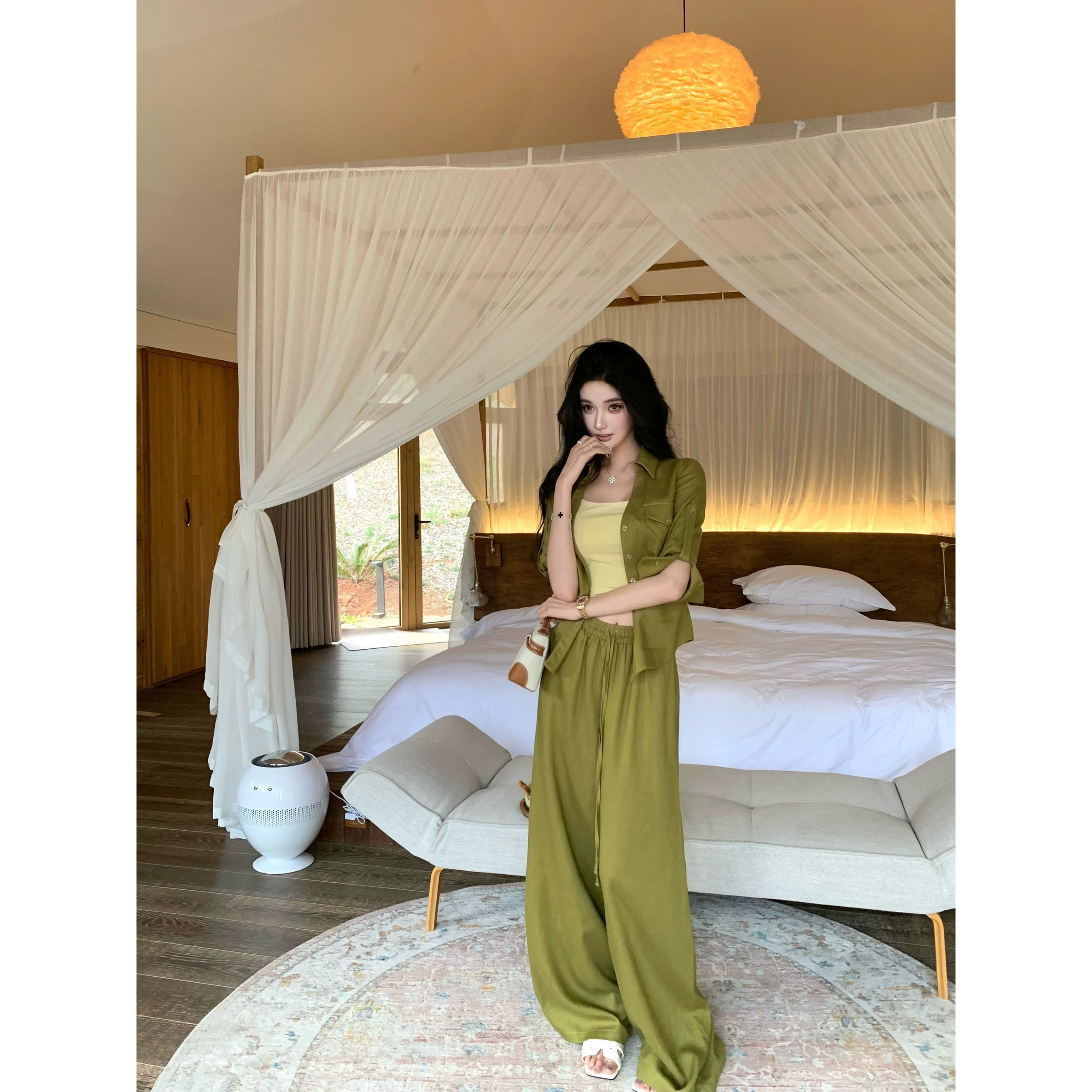 Barb Chill Tencel Linen Wide Leg Pants Set