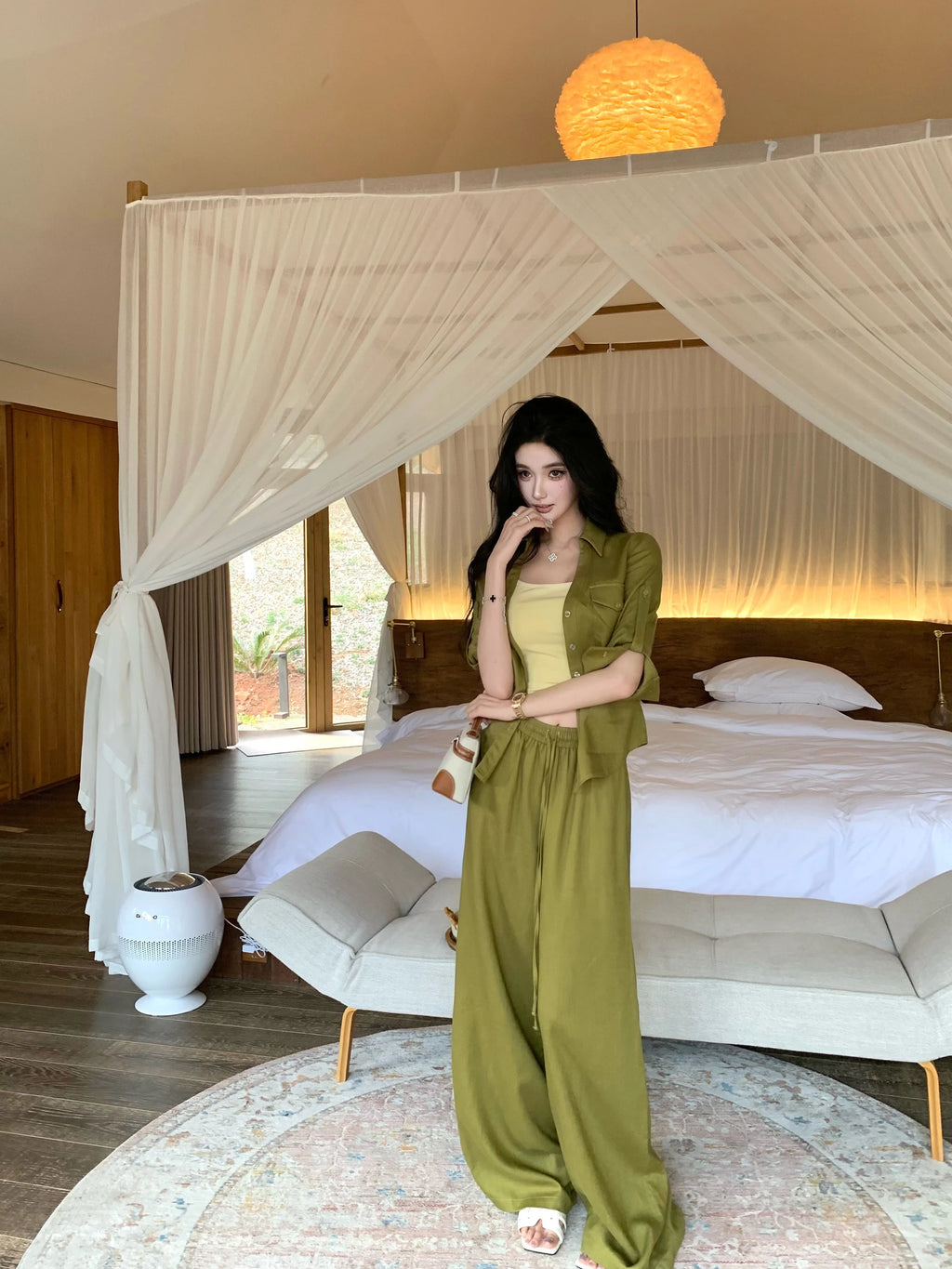 Barb Chill Tencel Linen Wide Leg Pants Set