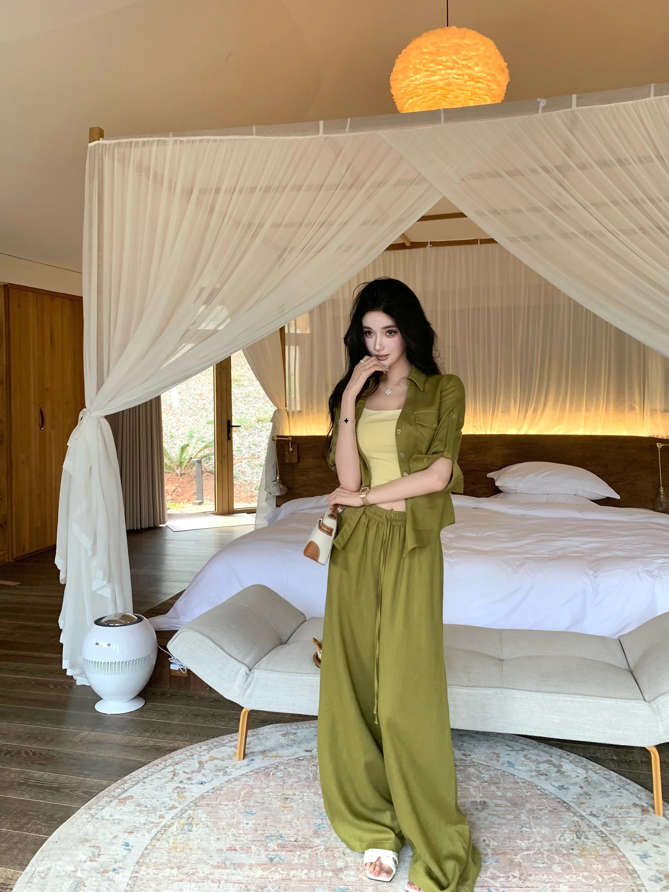Barb Chill Tencel Linen Wide Leg Pants Set