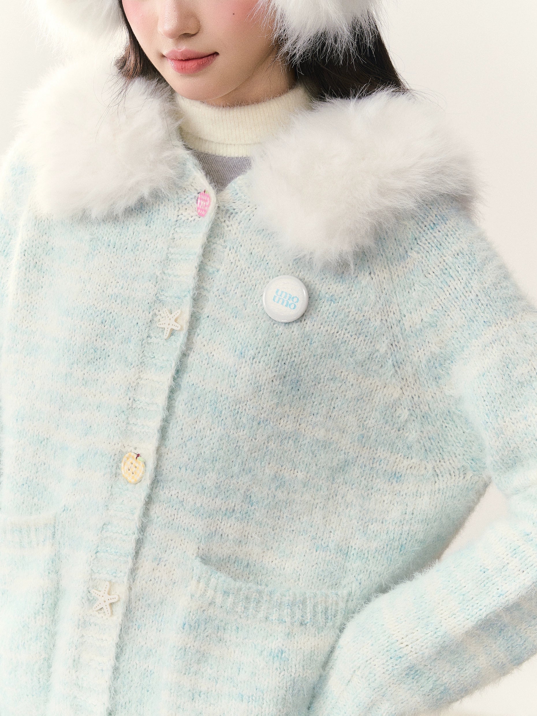 Umoumo Gradual Change Fur Collar Plush Hooded Cardigan