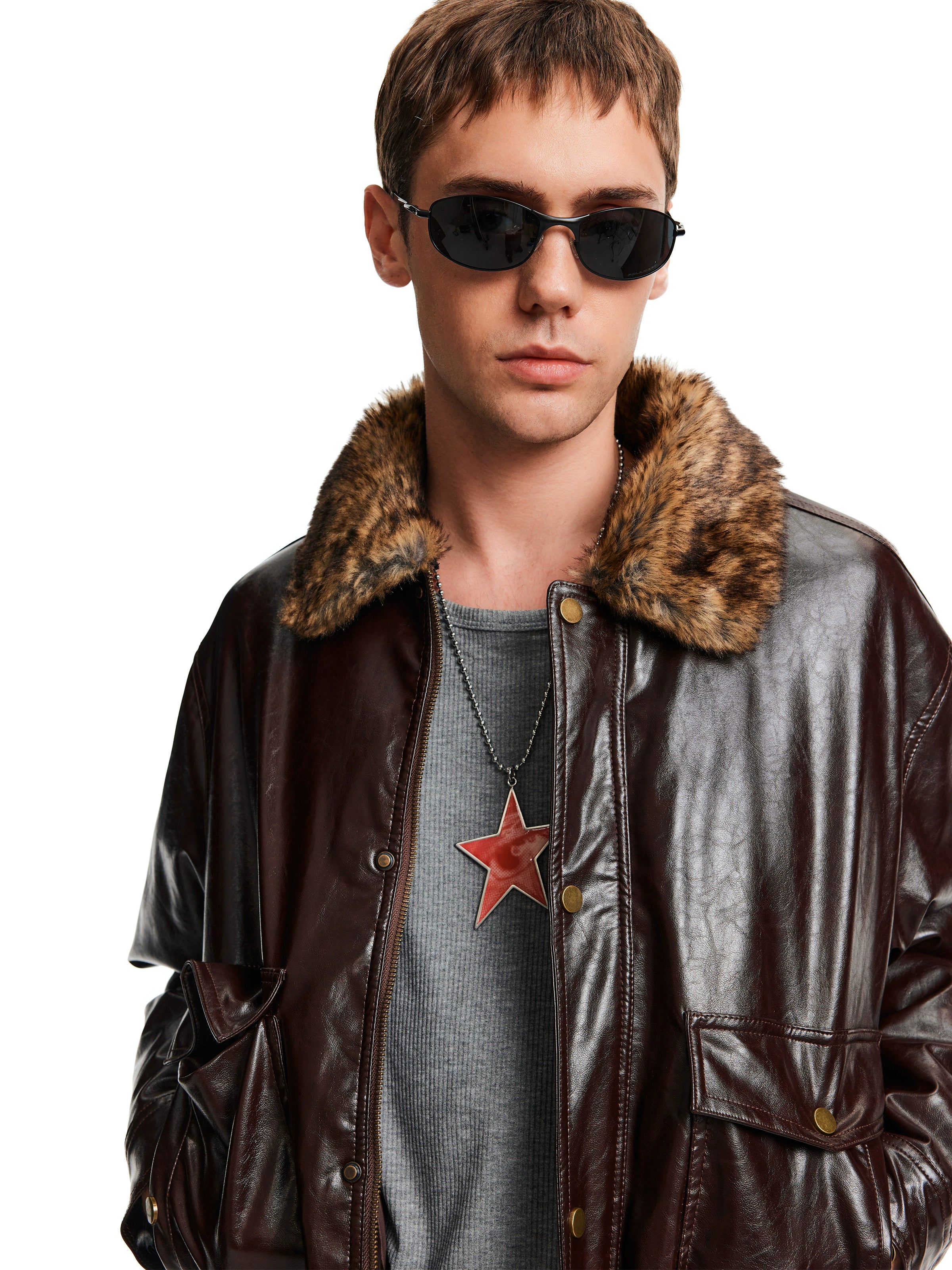 MADWITCH Retro Stitching Fur Collar PU Leather Jacket Cotton Jacket