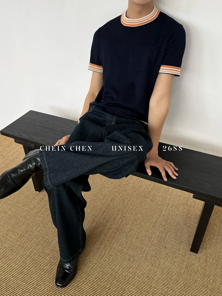 Chein Niche Contrasting Color Knitted Versatile Tee