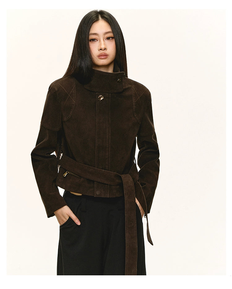 Anna Aneae Stand-up Collar Suede PU Jacket