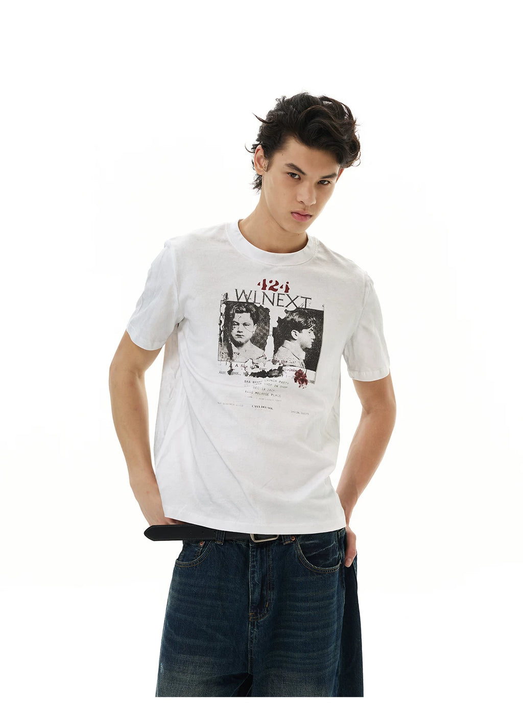 WLNEXT Retro Front Shoulder Doing Old Casual Tee