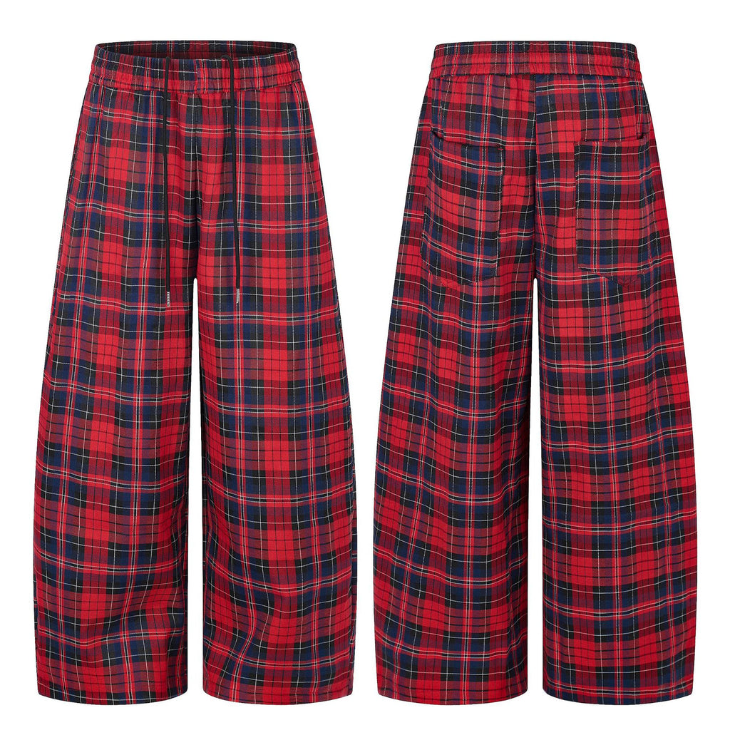 11KN Retro Plaid Drawstring Casual Wide-leg Pants