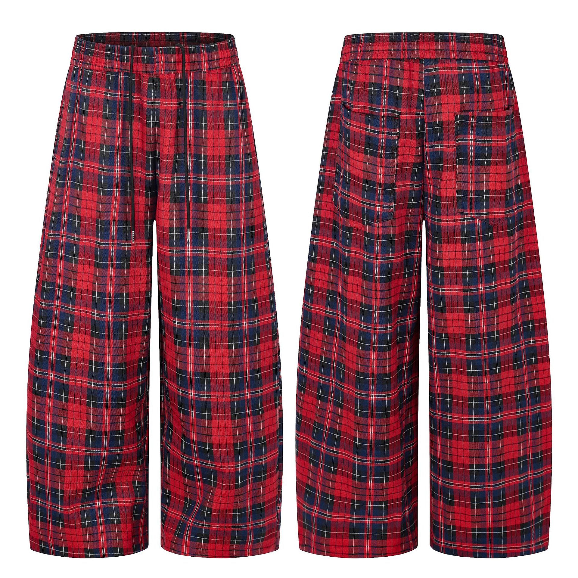 11KN Retro Plaid Drawstring Casual Wide-leg Pants
