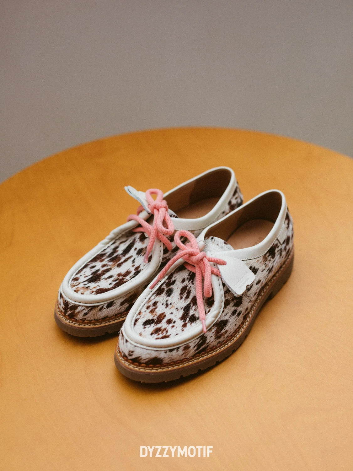 DYZZYMOTIF Cow Print Hair-On Leather Lace-Up Boat Shoe