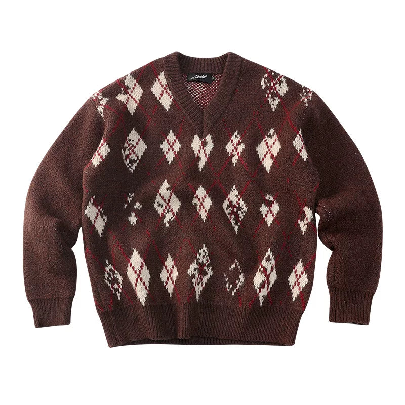CoosRetro V-Neck Vintage Rhombus Checked Casual Knitted Sweater