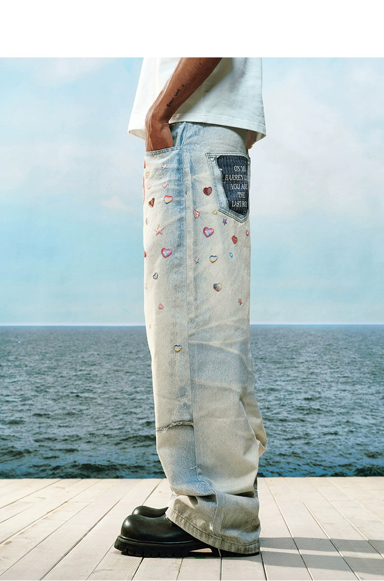 YADcrew Stream Sticker Print Pants Versatile Casual Jeans