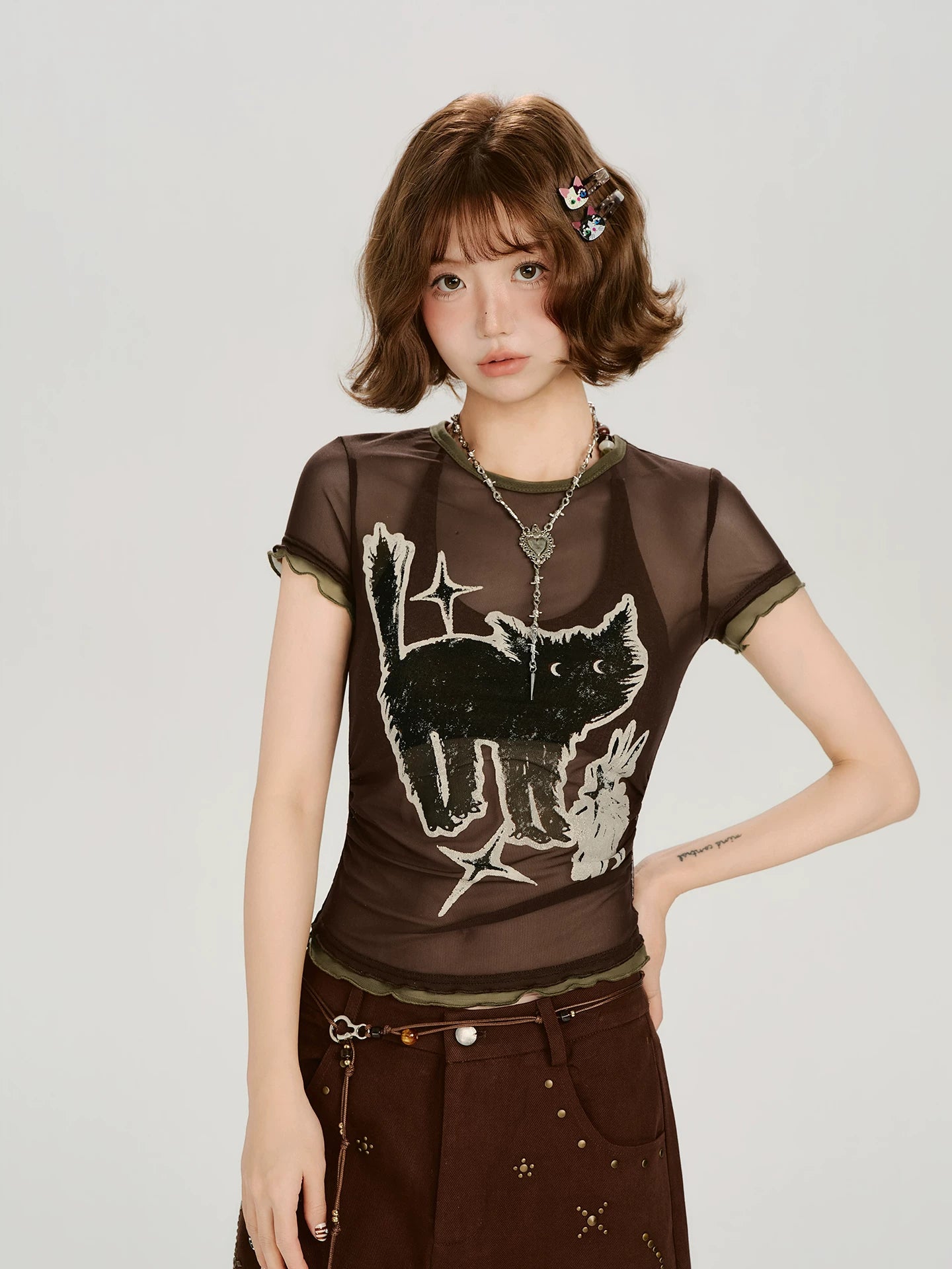 Girlyhalo Vintage Contrast Splicing Mesh Tee