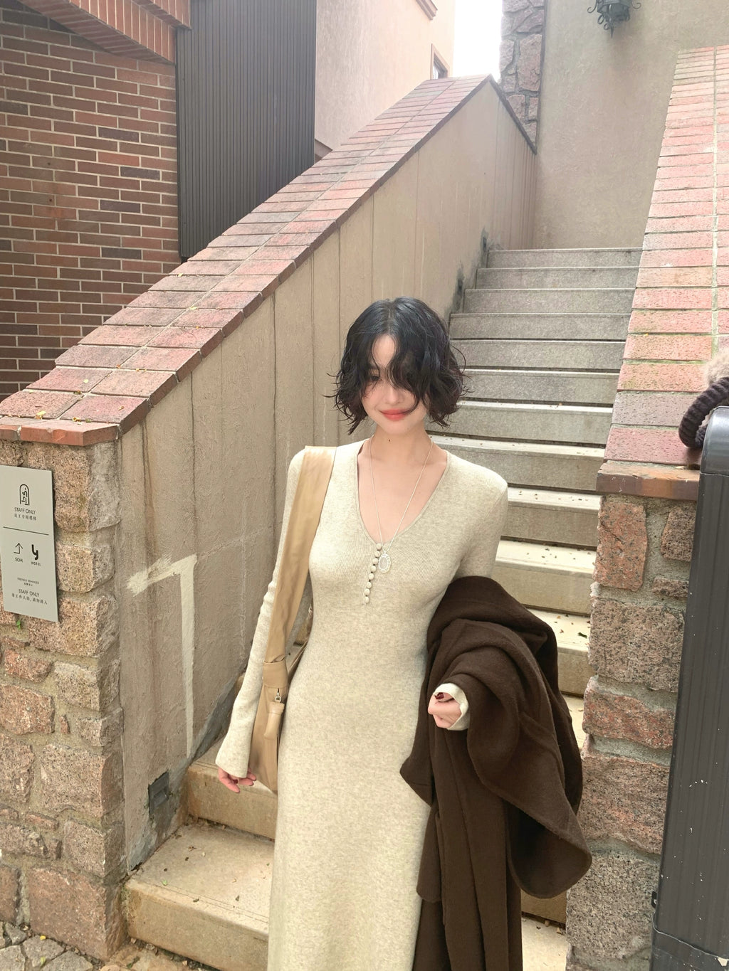 KELIFAN Vintage V-neck Knitted Dress
