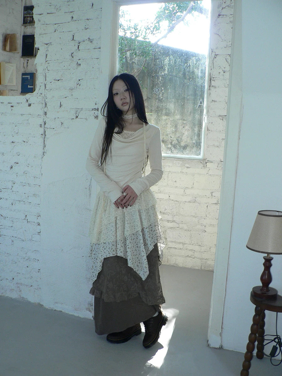 Ang: Project Lace Floral Stitching Irregular Skirt Long Sleeve