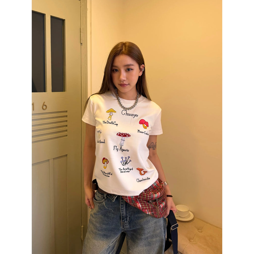 CCYE Mushroom Embroidery Front Shoulder Skinny Tee