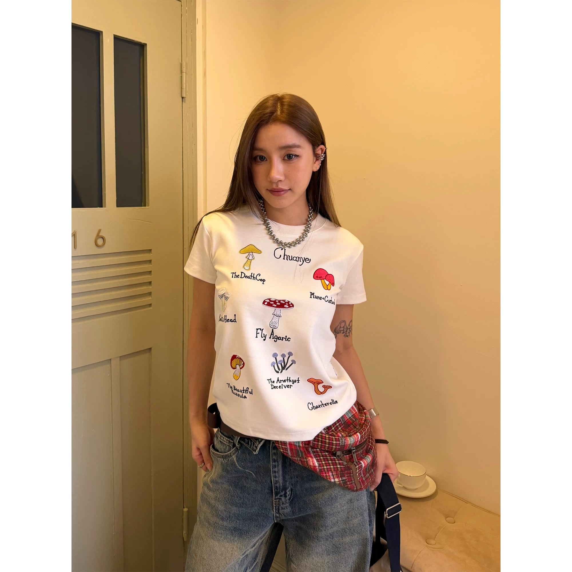 CCYE Mushroom Embroidery Front Shoulder Skinny Tee
