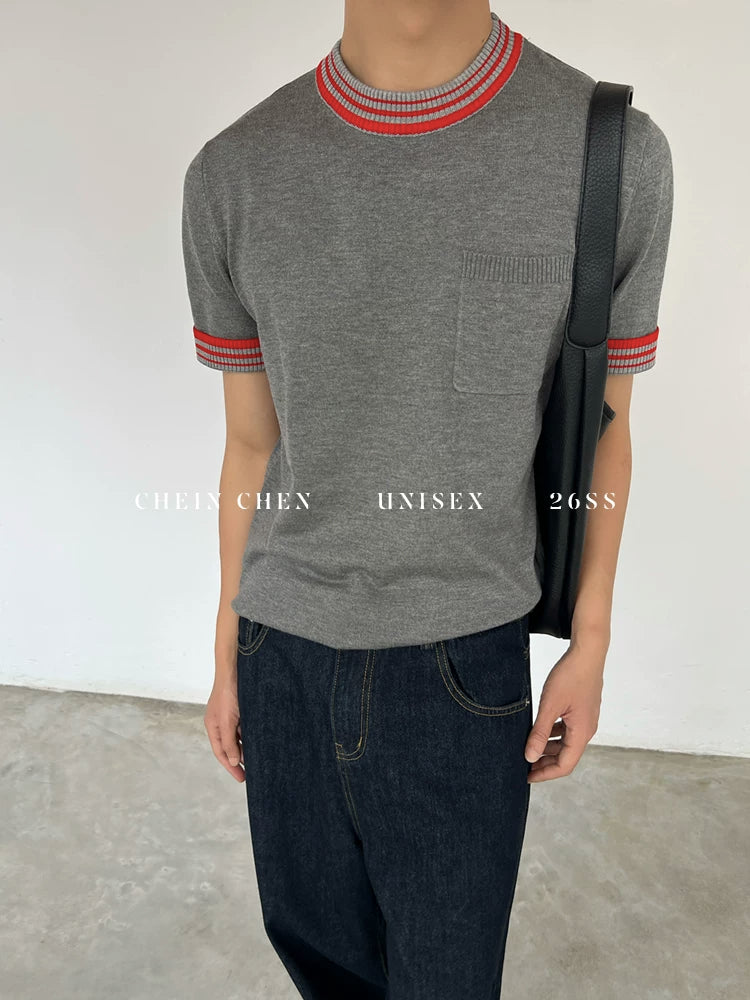Chein Niche Contrasting Color Knitted Versatile Tee