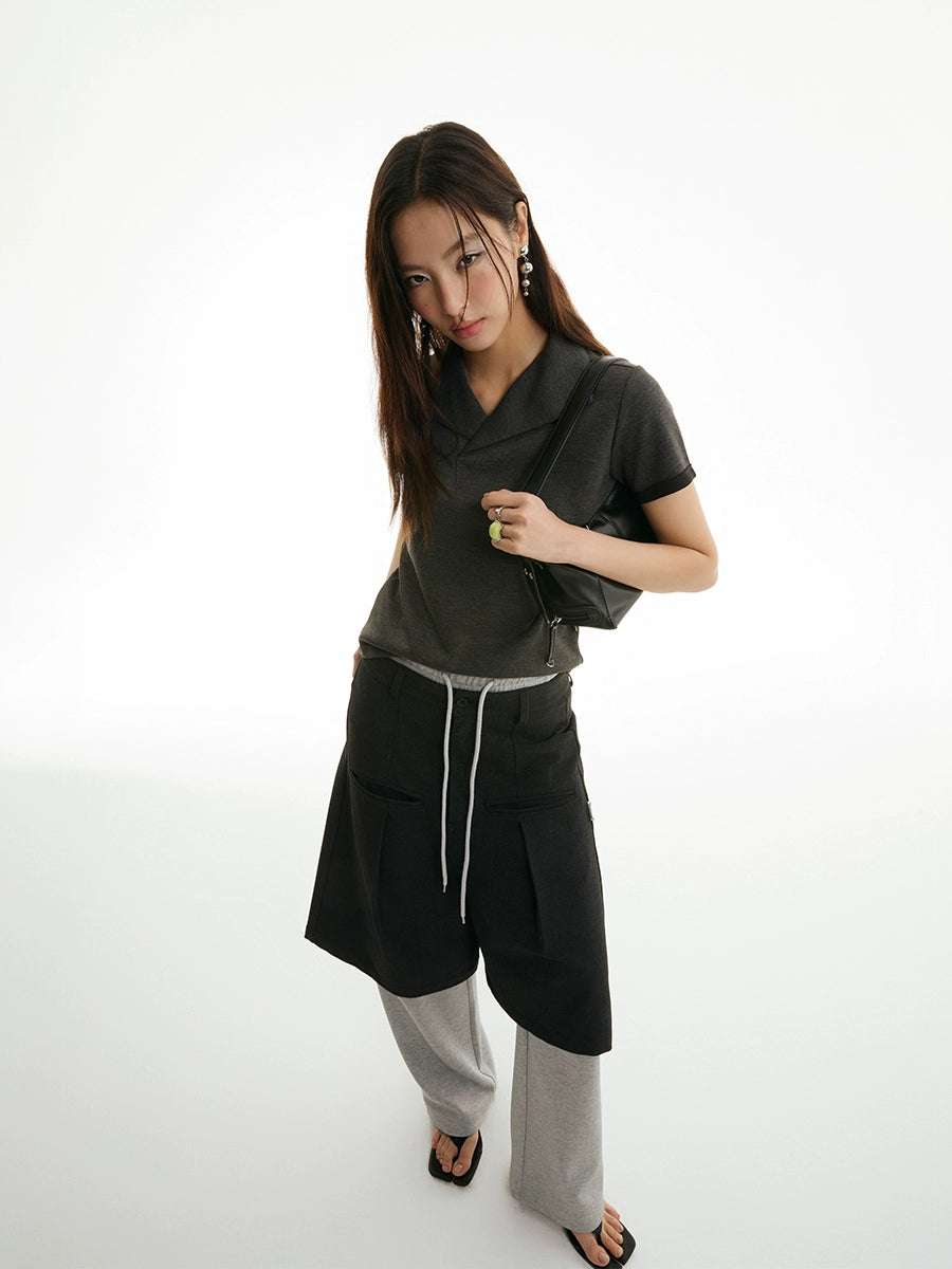 FUNKYFUN Minimalist and Fashionable Design Sense Front Shoulder Short Sleeve Tee