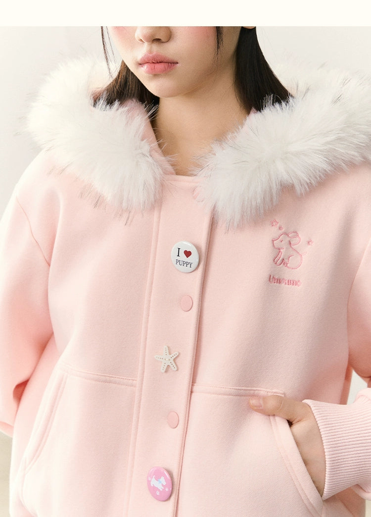 Umoumo Loose Puppy Embroidered Fur Collar Hooded Fleece Sweater
