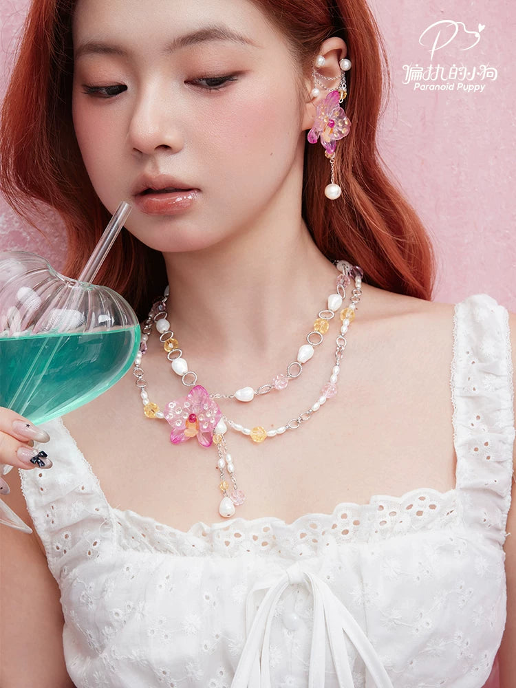 PP Phalaenopsis Flower Pearl Fringed Double Necklace