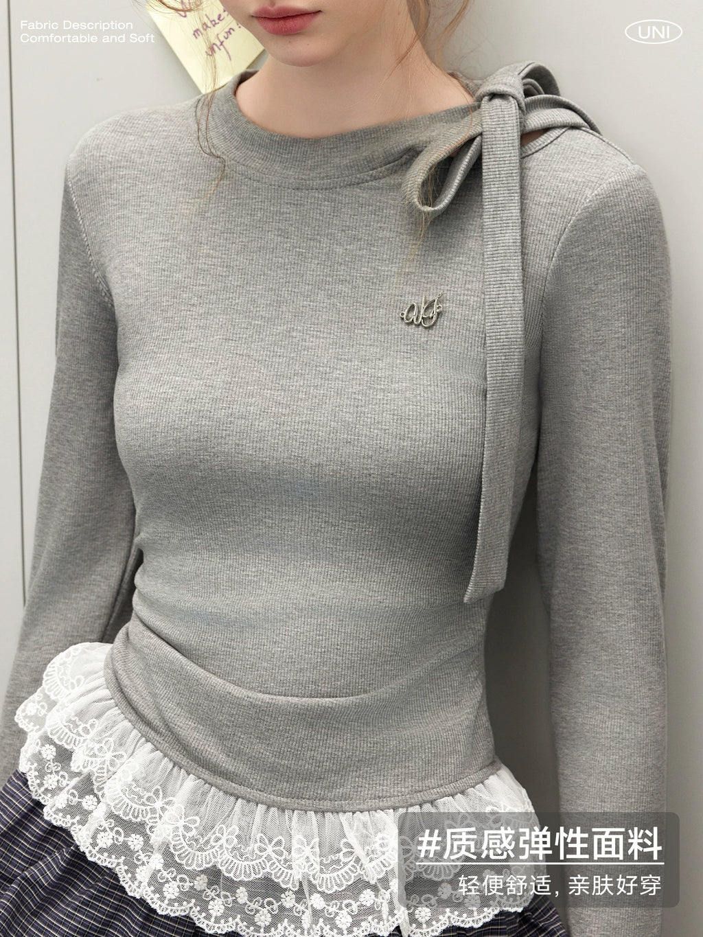 UNIFREE Bow Strap Simple Versatile Lace Edge Long Sleeve
