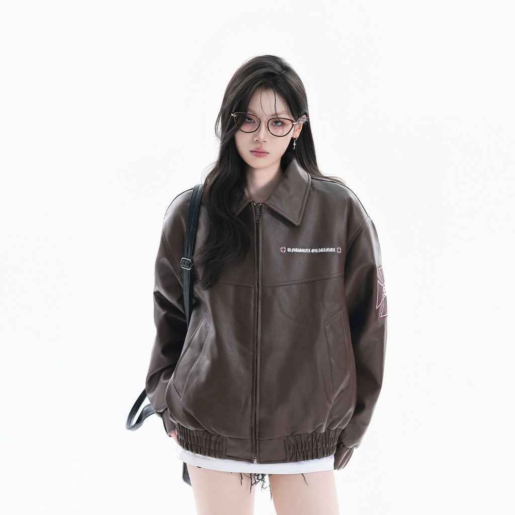 Zuocisankon Vintage Embroidered Pu Leather Jacket