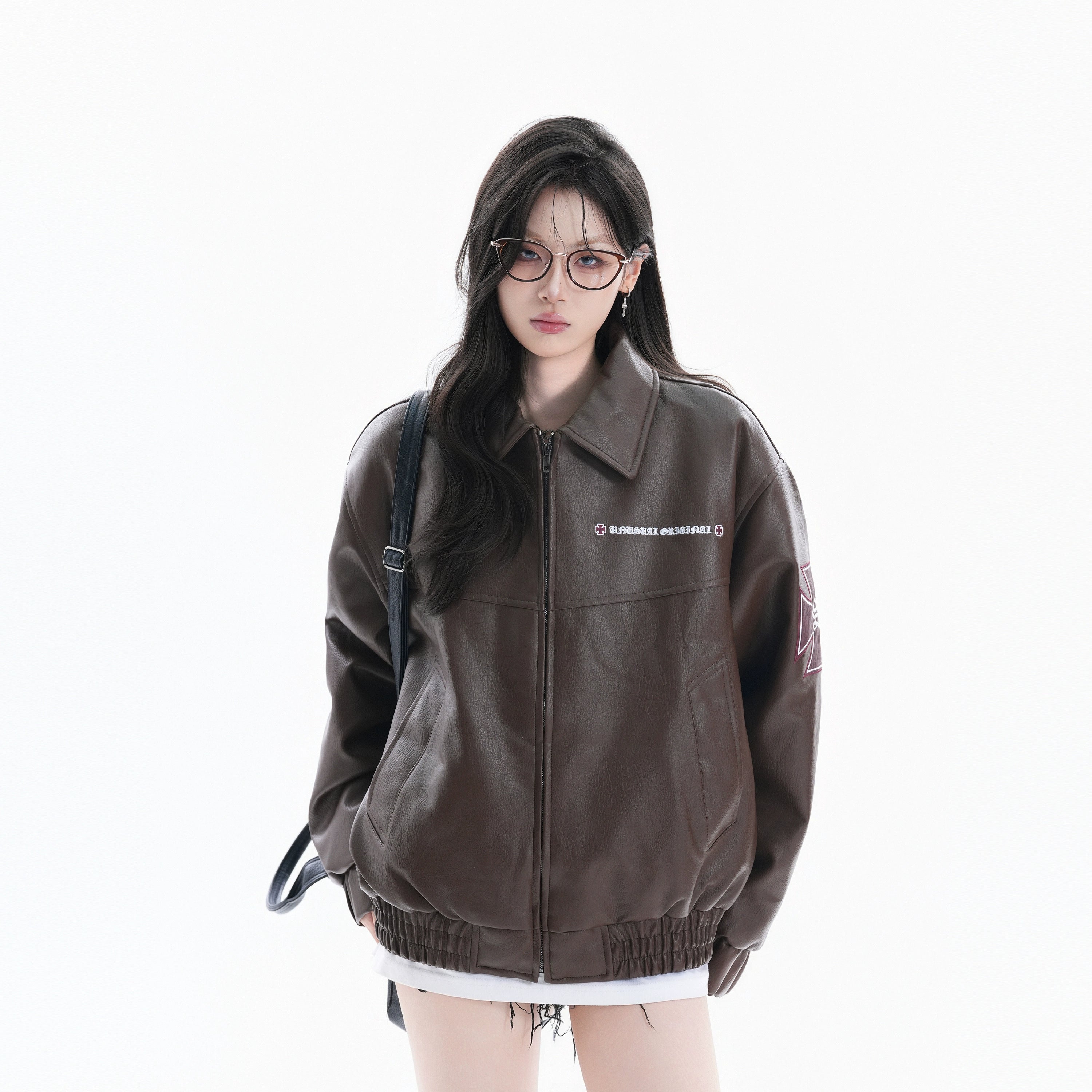 Zuocisankon Vintage Embroidered Pu Leather Jacket